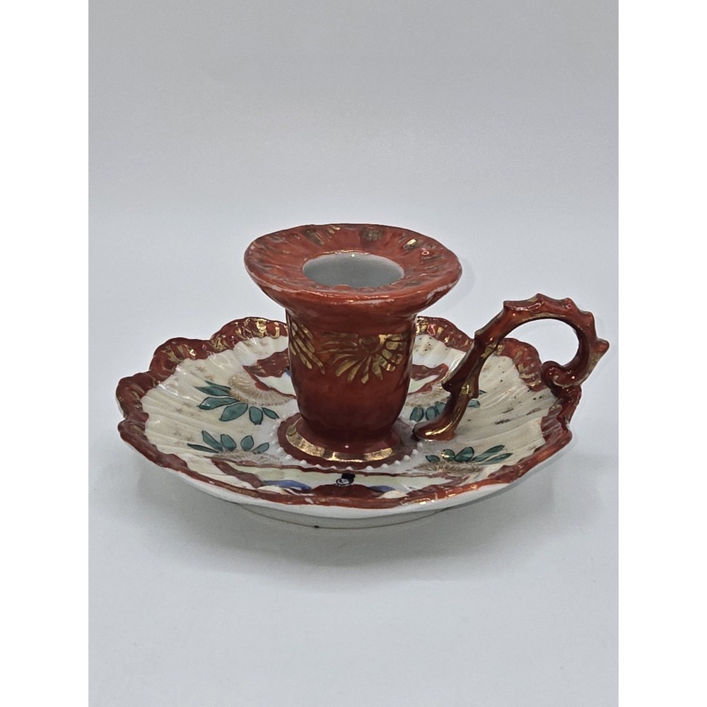 Kutani Nine Valleys‎ Japanese Red Porcelain Chamberstick Candle Holder Geisha